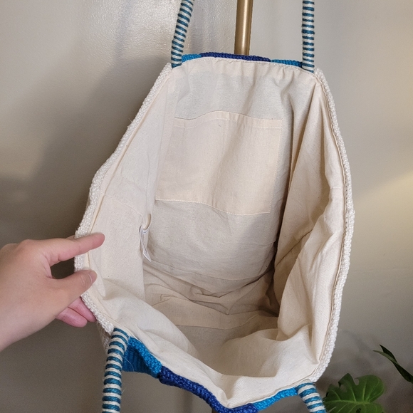 MixIt Multicolor Jute & Cotton Large Tote Bag Blue and Cream Tote Bag - Picture 9 of 15